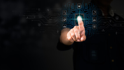 In order to acquire access to a private system. Biometric fingerprint scanning enables secure network access. On a laptop computer, a person is employing finger print authentication technology.