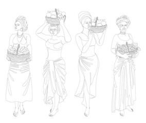 Collection. Silhouettes of a girl in a headscarf. The lady holds in her hands a basket with bananas and apples, grapes, oranges Woman in a modern one line style, contour. Vector illustration, set.