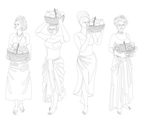 Collection. Silhouettes of a girl in a headscarf. The lady holds in her hands a basket with bananas and apples, grapes, oranges Woman in a modern one line style, contour. Vector illustration, set.