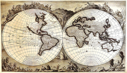 Fototapeta na wymiar Geographic world map for lovers of old decorative and useful papers for science