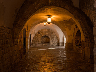 The vaulted corridor of an ancient monastery in Jerusalem