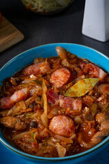 Polish bigos with sausage and mushrooms.