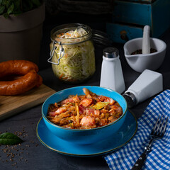 Polish bigos with sausage and mushrooms.