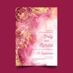 watercolor wedding invitation with golden details vector design illustration