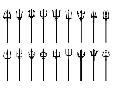 Set of trident, black silhouettes on a white background	