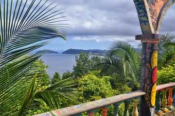Jaco beach, ocean, city and views, Costa Rica from El Miro Ruins, mansion declared biological corridor, Summer 2022, Central America. - obrazy, fototapety, plakaty