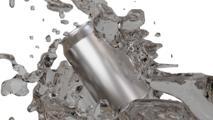3D rendering metallic can drop to fresh water liquid splash.Visual effect simulation illustration conceptual.