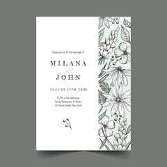 engraving hand drawn floral wedding invitation vector design illustration