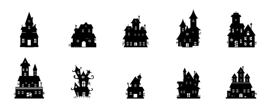 Conjunto de icono de casas de terror. Halloween. Castillos y alberga de terror. Concepto de miedo. Ilustraci&oacute;n vectorial