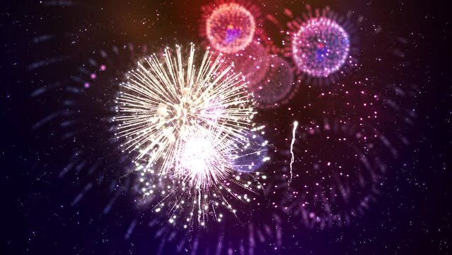 4K loop of real colorful fireworks festival in the sky display at night during national holiday, new year party or celebration event. glowing fireworks show. eve fireworks. independence day, 4 of July