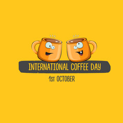 International coffee day graphic illustration with cute orange coffee cup character and greeting text isolated on orange background. Coffee day cartoon poster, flyer, label sticker, funny banner