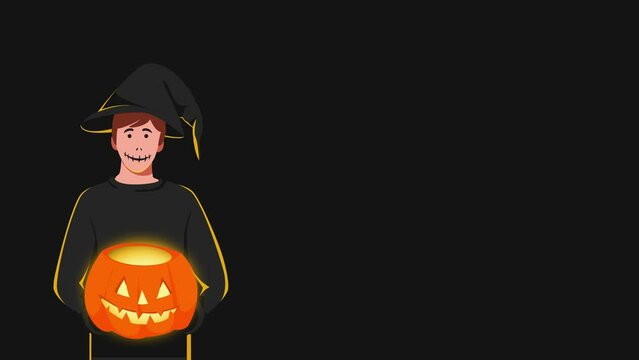 Man wear halloween costume hold  shining pumpkins on black background 4k