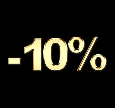 golden numbers illustration - minus ten percent - sale discount icon - number ten - black background