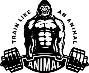Gorilla with a barbell in his hands. Bodybuilding and fitness logo. Vector illustration.
