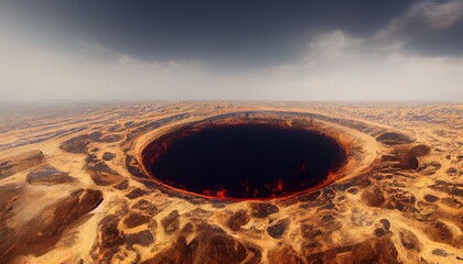 An Illustration based on the Darvaza Gas Crater in Turkmenistan also known as the 'Doorway to Hell'. - obrazy, fototapety, plakaty