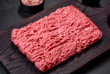 Fresh minced beef on cutting board on dark background with ingredients for cooking