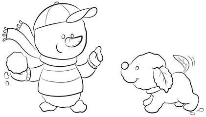 Niedlicher kleiner Schneemann mit Schneehund - Vektor-Illustration