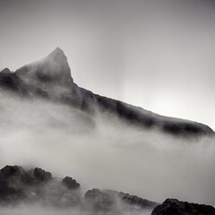 foggy misty mountains rocks, black and white digital illustration
