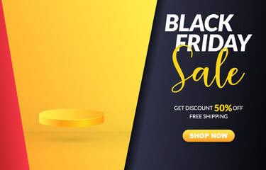 black friday sale banner template design with golden realistic 3d stage for promotion in black background