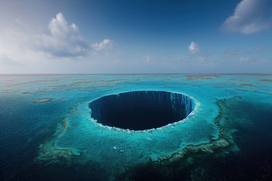 An Illustration of the great blue hole in Belize, Deep blue chasm, Deep abyss.