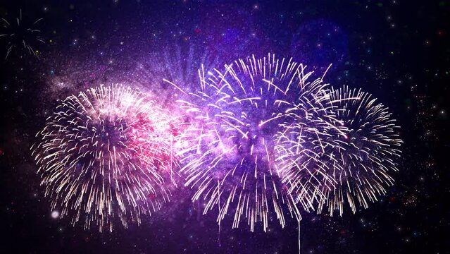 4K loop of real colorful fireworks festival in the sky display at night during national holiday, new year party or celebration event. glowing fireworks show. eve fireworks. independence day, 4 of July