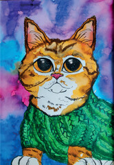 Watercolor cat in a sweater 