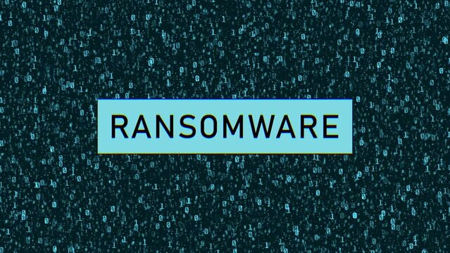 Ransomware concept over computer binary code. Ransomware notification over binary background with glitch effect