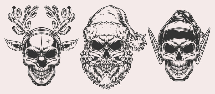 Set Christmas skulls monochrome emblems