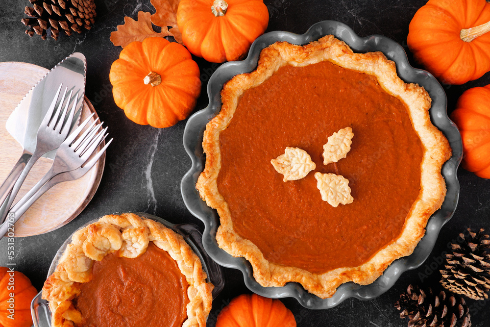 Poster homemade autumn pumpkin pies. overhead view table scene on a dark background.