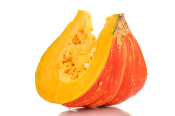 One part of ripe organic pumpkin, macro, isolated on white background.