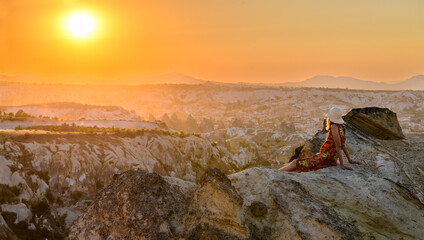 Panoramic view of Göreme, in Cappadocia, during a sunset.