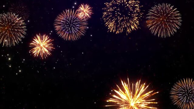 Abstract 4K Loop shiny fireworks bokeh lights in the night sky firework show. Loop Animation Background. Birthday, Anniversary, Celebration, Holiday, new year, Christmas, festival, greeting, Diwali.