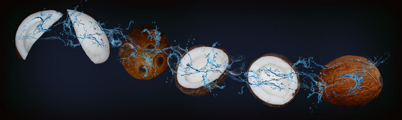 Panorama with fruits in water - juicy coconuts strengthen our health with useful substances