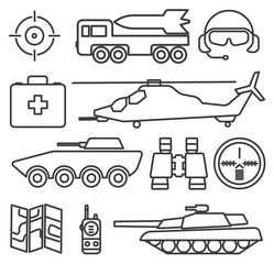 Military icons in vector lines, military army minimal design, editable stroke for any resolution.