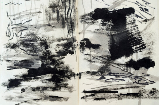 Abstract And Expressive Art. Closeup View Of A Modern Non Figurative Black And White Painting Drawn In A Notebook.