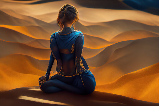 A woman infront desert sand dunes in yoga meditation and   Sound healing therapy  uses aspects of music to improve health and well being  . generative ai     