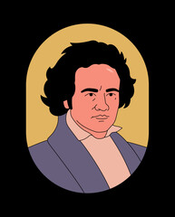 Ludwig van Beethoven. German composer and pianist. Vector outline illustration. Black background.