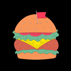 Vector hand drawn hamburger. Fast food and unhealthy food isolated on black background. Cheeseburger icon for restaurant menu