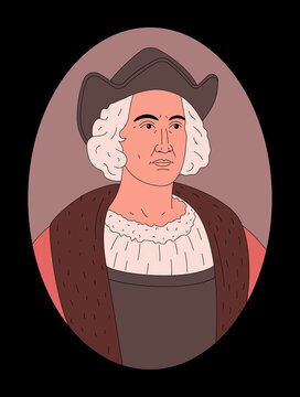 Christopher Columbus portrait in line art illustration. Italian explorer, colonizer and navigator. He is remembered as the principal European discoverer of the America continent. Black background.