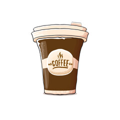 Cartoon Coffee cup isolated on white background . vector coffee paper color cup with hot coffee and color label. Coffee day sticker
