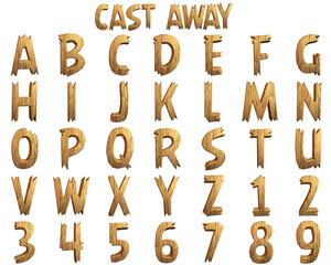 Cast Away wooden cartoon alphabet - 3D Illustration on transparent background