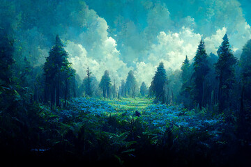 An illustration showing a blue background showing a blue forest 