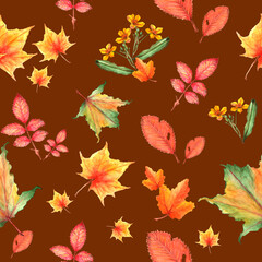 Seamless pattern with colorful autumn leaves. All elements are painted with watercolors.