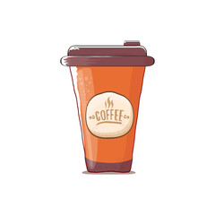Cartoon Coffee cup isolated on white background . vector coffee paper color cup with hot coffee and color label. Coffee day sticker