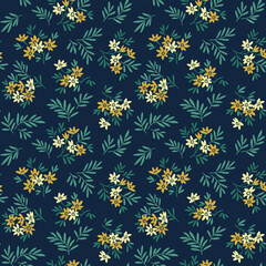Seamless floral pattern. Beautiful bouquet of small yellow flowers and green leaves. Cute flowers on dark blue background in trendy fashion vintage style. Stock vector for print.