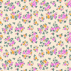 Cute floral pattern in the small flowers. Seamless vector texture. Ditsy template for fashion prints. Illustration with small pink and yellow flowers. White background.