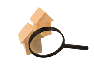 Real estate database search concept. Two houses of wooden building blocks with a magnifier isolated transparent png