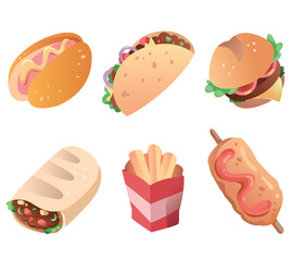 fast food hot dog taco burger shawarma french fries kebab icons in a simple style