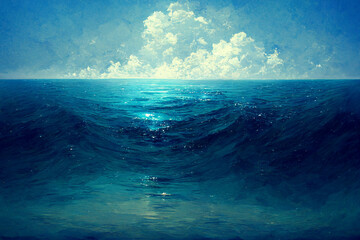 An illustration showing a blue background showing a beautiful ocean water scene with flowing water
