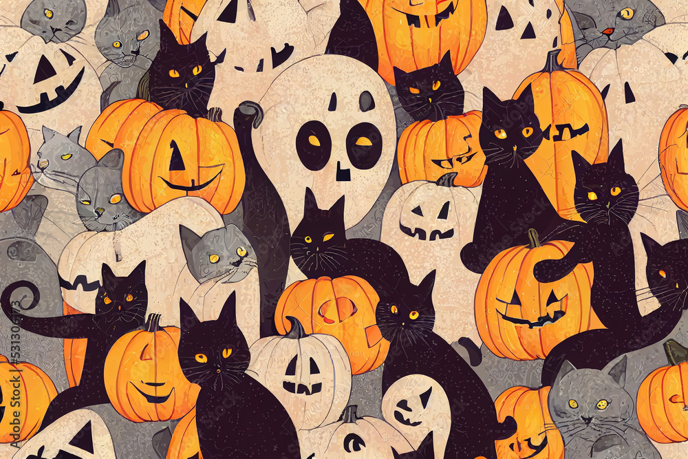 Poster A set of seamless pattern with the image of Halloween. Cats, pumpkins, moon, ghost, spider, bats for a festive autumn print